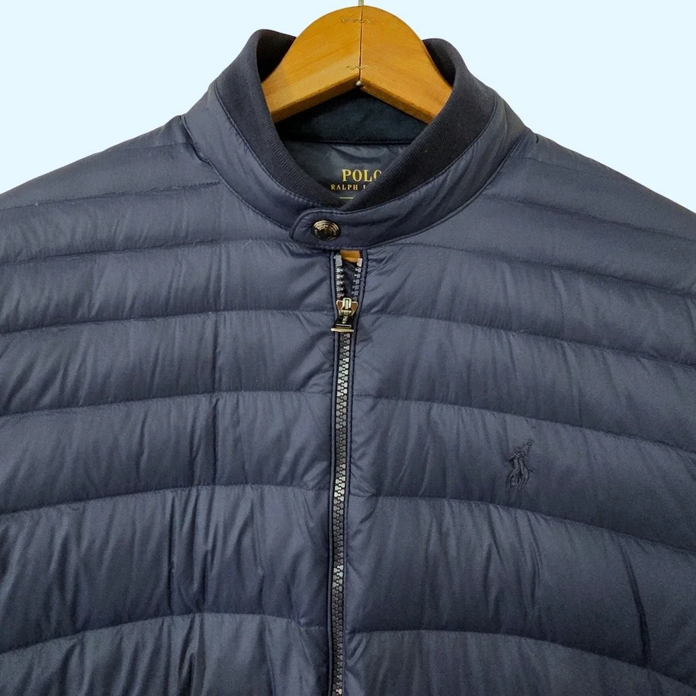Polo Ralph Lauren Down Hybrid Jacket Sz M Blue‎ Camo Logo Quilt Preppy Old Money